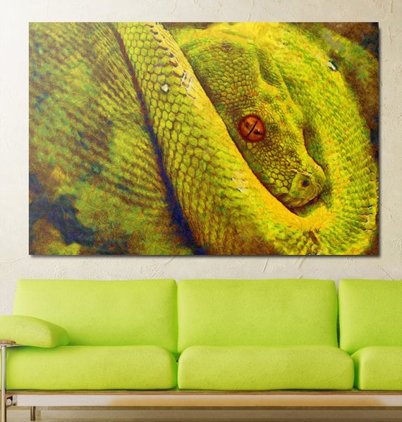 Gorgeous Emerald Snake Canvas by Van Gogh style, Large Green Art Poster, Bright Wild Reptile interior decor, Boho-chic painting room design
