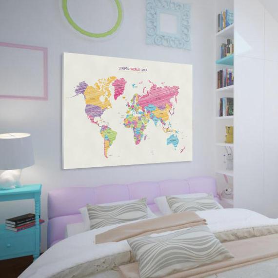 Cute World Map Canvas, Large Art painting, Map Poster, Wall art, room ...