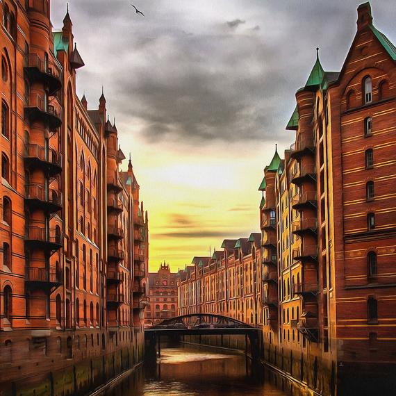 Hamburg Canvas River Orange Architecture City Landscapes of Germany Sunset in City Painting Big Art Poster Interior Decor eco print gift